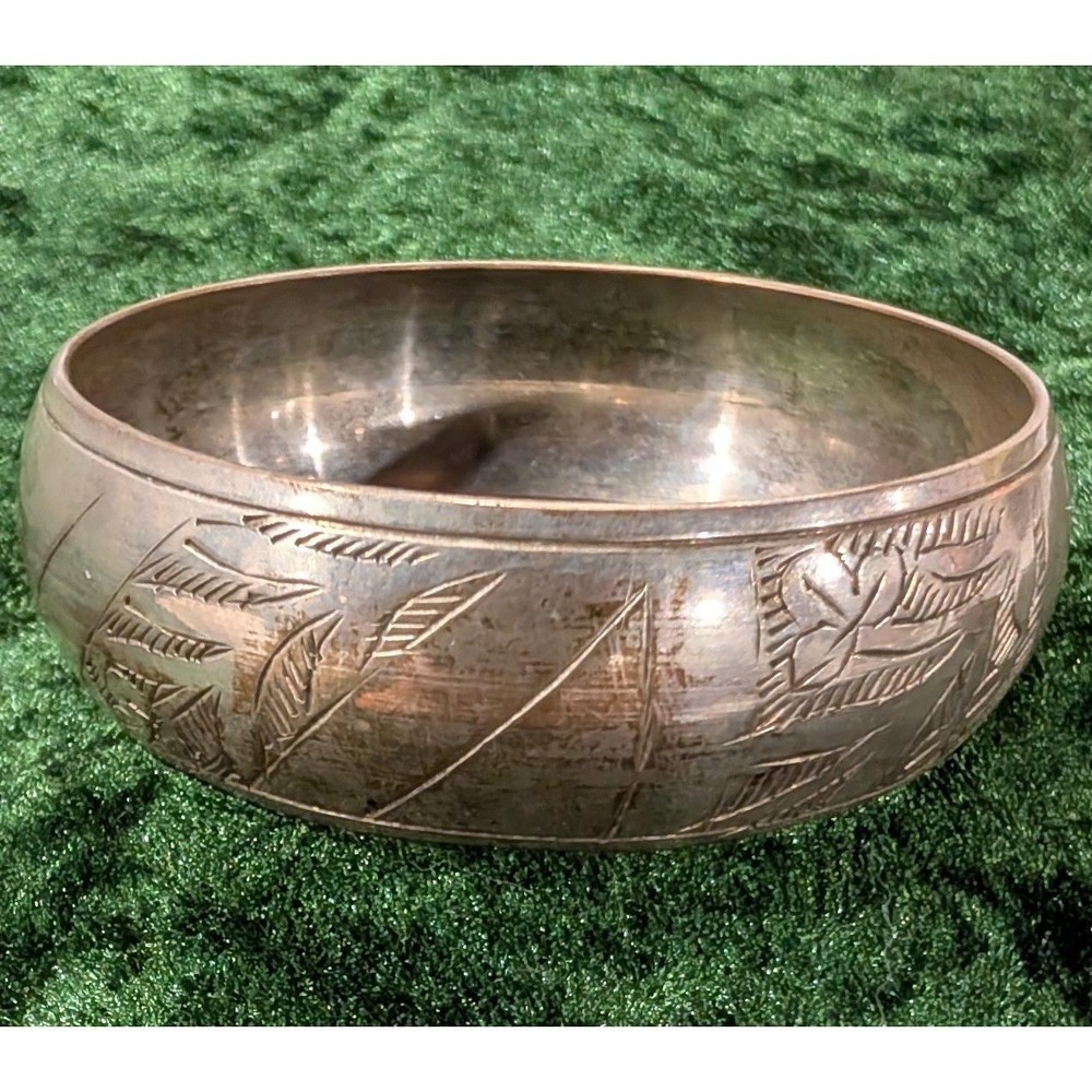 Vintage Silver Tone Etched Floral Bangle Bracelet Wide Domed Boho Cuff
